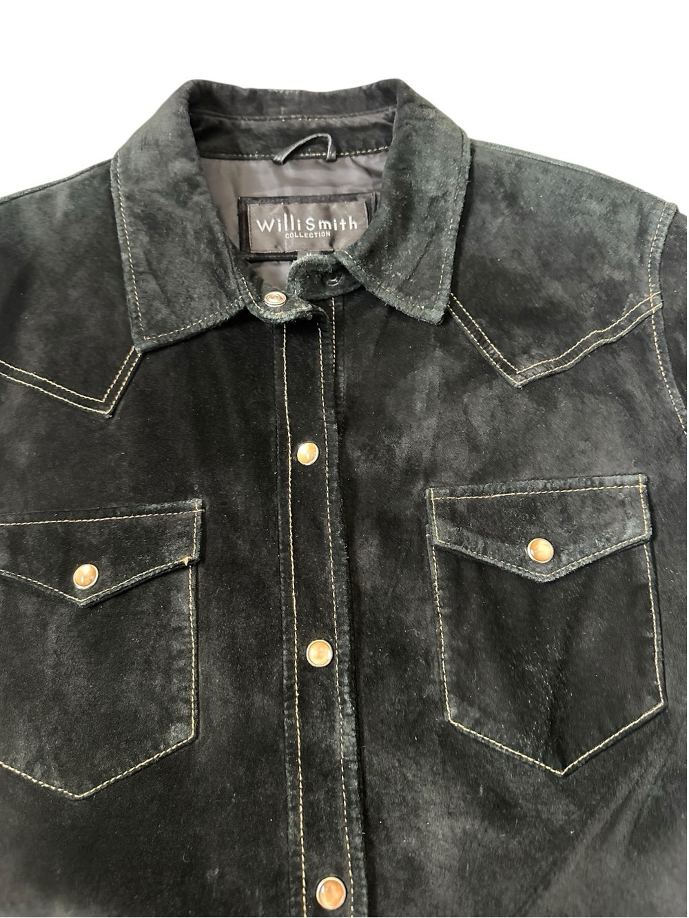 Vintage Willi Smith Black Distressed Leather Western Pearl Snap Cowgirl Shirt M - Picture 8 of 12
